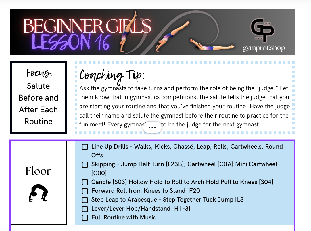 Beginner Girls Lesson Plans 15 and 16